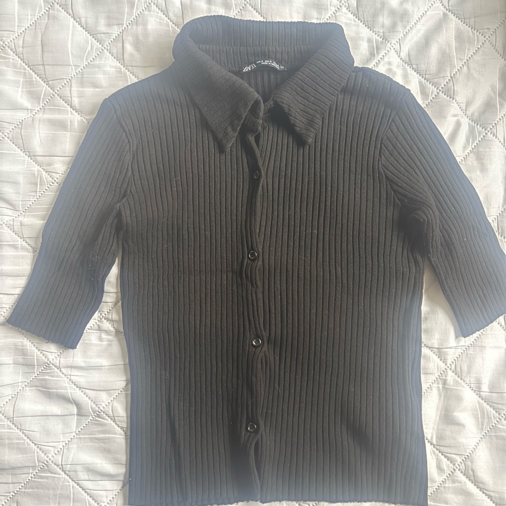 Zara Black Ribbed Short Sleeve Top